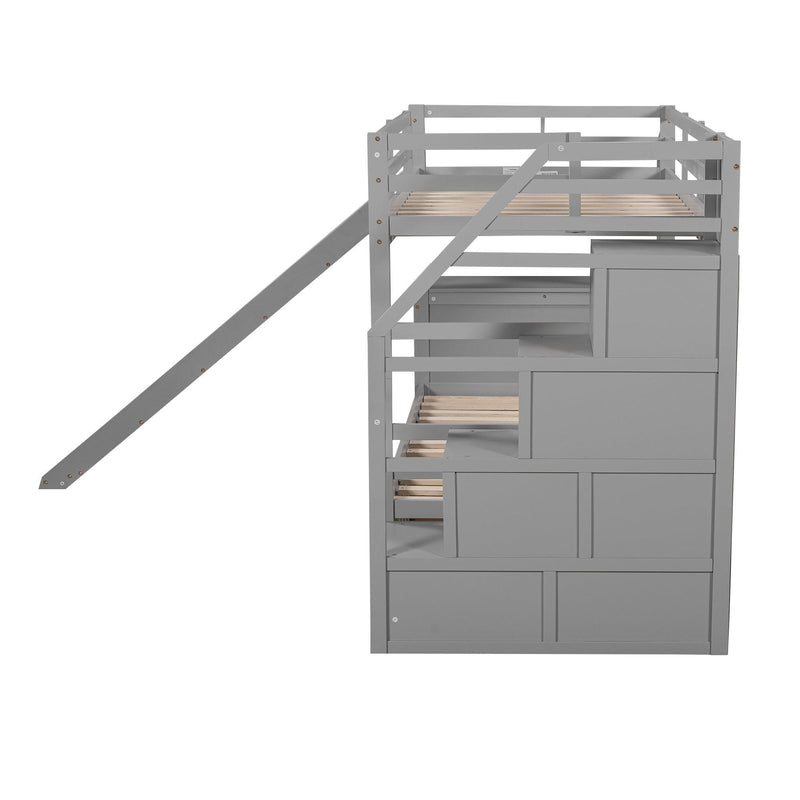 Twin over Twin Bunk Bed withStorage Staircase, Slide, Drawers and Desk with Drawers and Shelves - Gray - Urban Living Furniture (Los Angeles, CA)