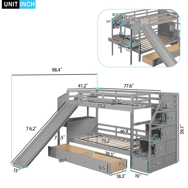 Twin over Twin Bunk Bed withStorage Staircase, Slide, Drawers and Desk with Drawers and Shelves - Gray - Urban Living Furniture (Los Angeles, CA)