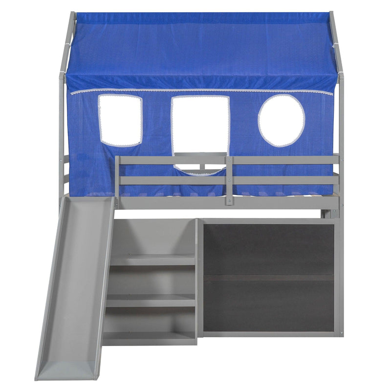 Twin over Twin House Shaped Bunk Bed with Blue Ten, Slide, Shelves and Blackboard - Gray