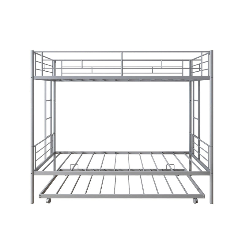 Twin over Twin Metal Bunk Bed with 2 Side Ladders, Safety Guard Rails and Twin Size Trundle Bed - Silver
