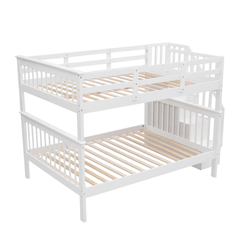 Full over Full Bunk Bed withStorage Staircase and Guard Rail - White - Urban Living Furniture (Los Angeles, CA)