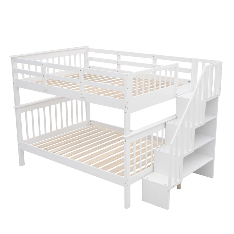 Full over Full Bunk Bed withStorage Staircase and Guard Rail - White - Urban Living Furniture (Los Angeles, CA)