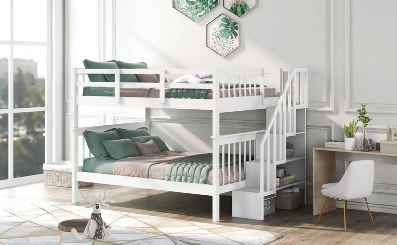 Full over Full Bunk Bed withStorage Staircase and Guard Rail - White - Urban Living Furniture (Los Angeles, CA)