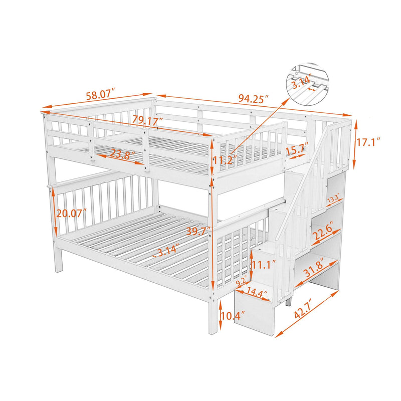 Full over Full Bunk Bed withStorage Staircase and Guard Rail - White - Urban Living Furniture (Los Angeles, CA)