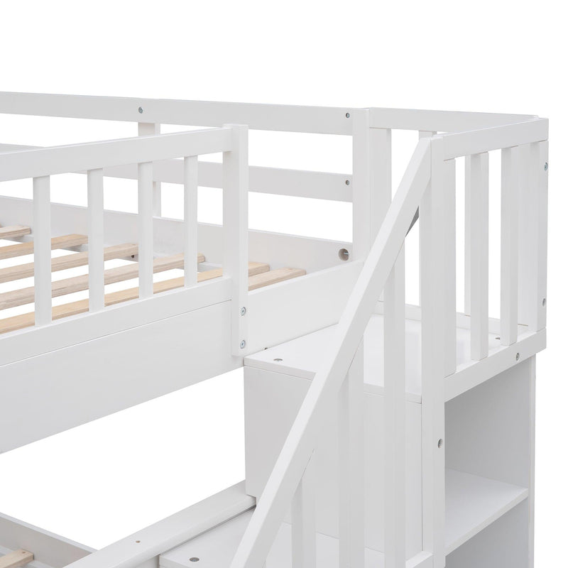 Full over Full Bunk Bed withStorage Staircase and Guard Rail - White - Urban Living Furniture (Los Angeles, CA)