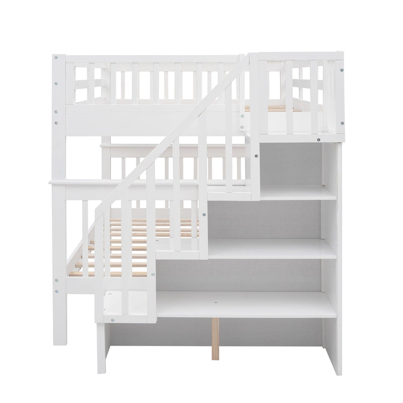 Full over Full Bunk Bed withStorage Staircase and Guard Rail - White - Urban Living Furniture (Los Angeles, CA)