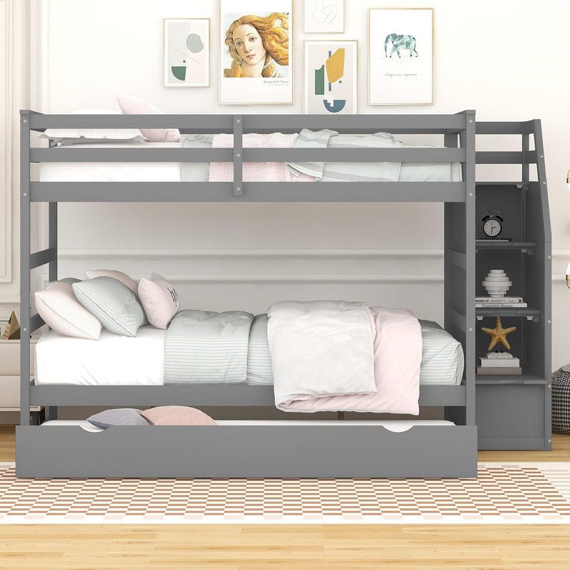 Full over Full Bunk Bed withStorage Staircase and Twin Size Trundle Bed - Gray