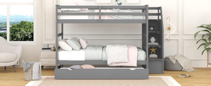 Full over Full Bunk Bed withStorage Staircase and Twin Size Trundle Bed - Gray - Urban Living Furniture (Los Angeles, CA)