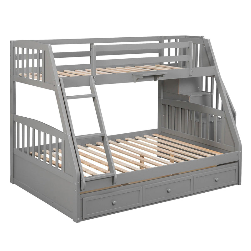 Twin over Full Bunk Bed with Drawers, Ladder andStorage Staircase - Gray