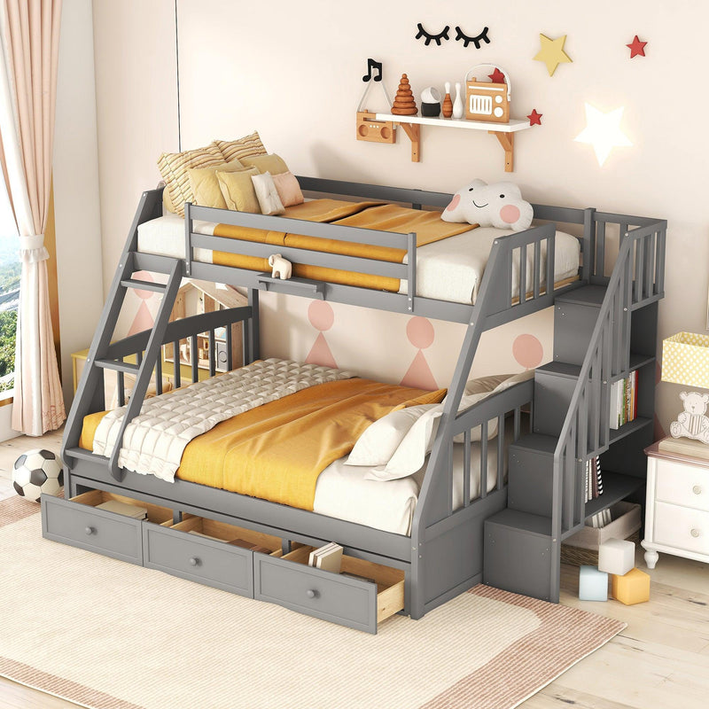 Twin over Full Bunk Bed with Drawers, Ladder andStorage Staircase - Gray