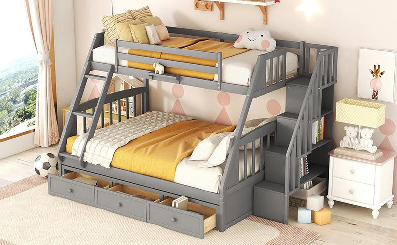 Twin over Full Bunk Bed with Drawers, Ladder andStorage Staircase - Gray - Urban Living Furniture (Los Angeles, CA)