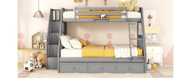 Twin over Full Bunk Bed with Drawers, Ladder andStorage Staircase - Gray