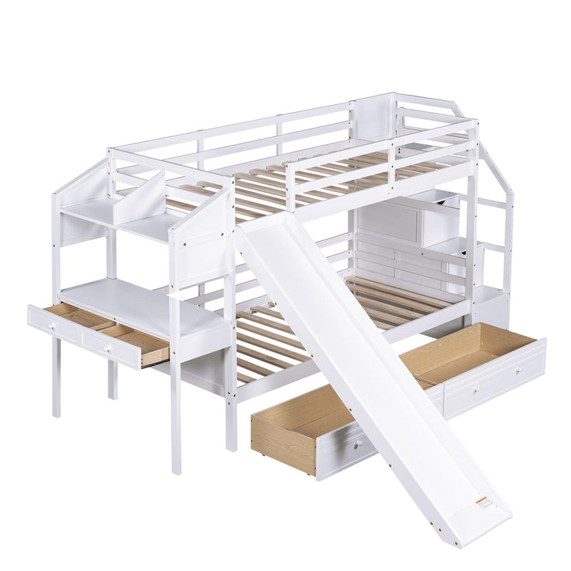 Twin over Twin Bunk Bed withStorage Staircase, Slide, Drawers and Desk with Drawers and Shelves - White