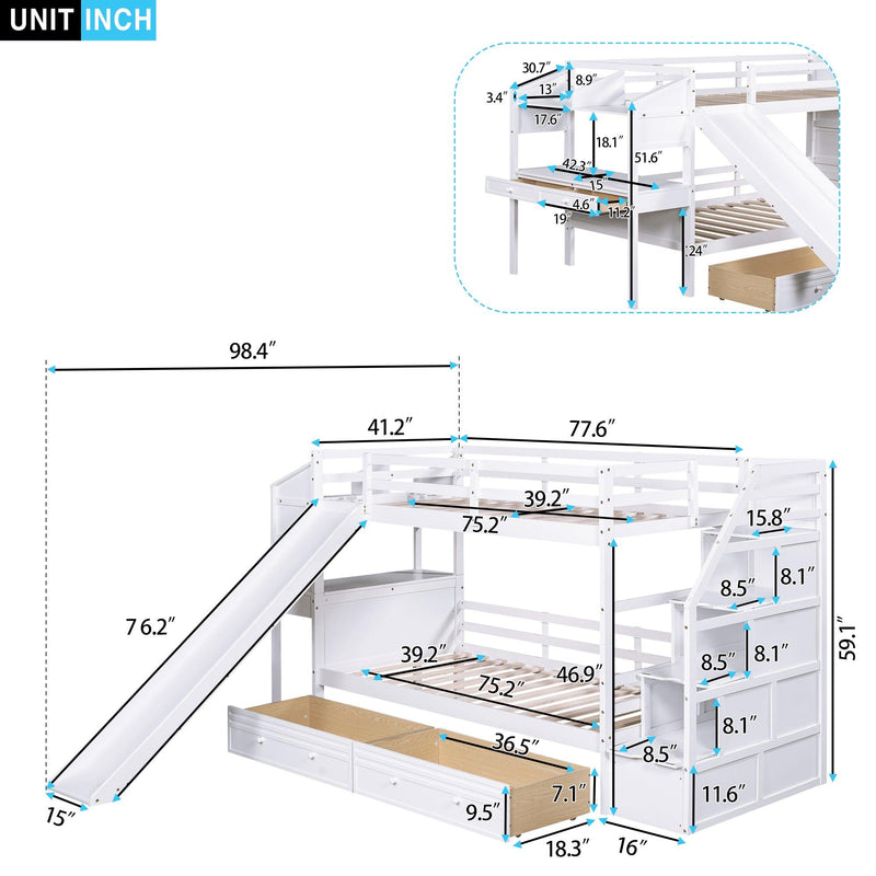 Twin over Twin Bunk Bed withStorage Staircase, Slide, Drawers and Desk with Drawers and Shelves - White - Urban Living Furniture (Los Angeles, CA)