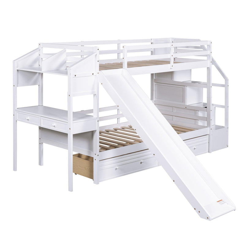 Twin over Twin Bunk Bed withStorage Staircase, Slide, Drawers and Desk with Drawers and Shelves - White - Urban Living Furniture (Los Angeles, CA)