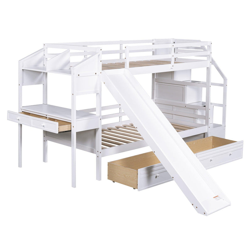 Twin over Twin Bunk Bed withStorage Staircase, Slide, Drawers and Desk with Drawers and Shelves - White - Urban Living Furniture (Los Angeles, CA)