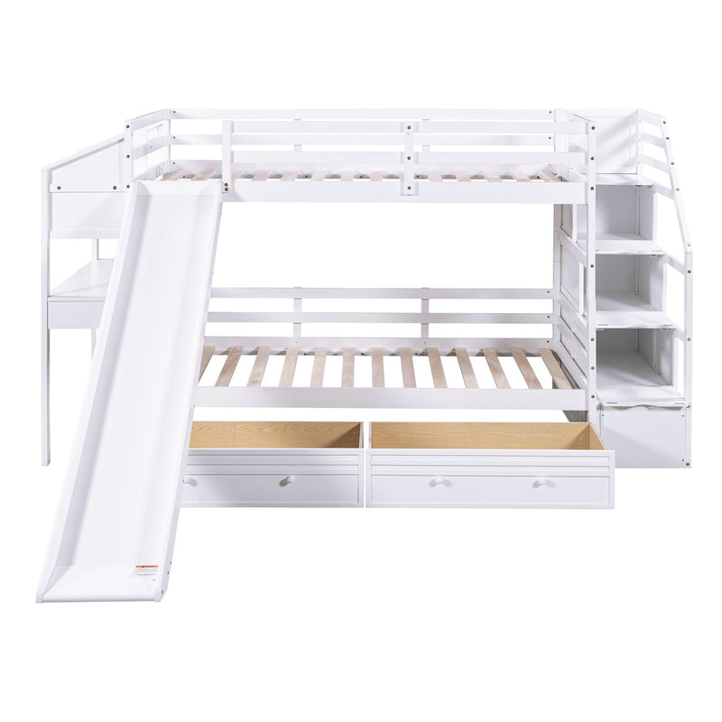 Twin over Twin Bunk Bed withStorage Staircase, Slide, Drawers and Desk with Drawers and Shelves - White - Urban Living Furniture (Los Angeles, CA)