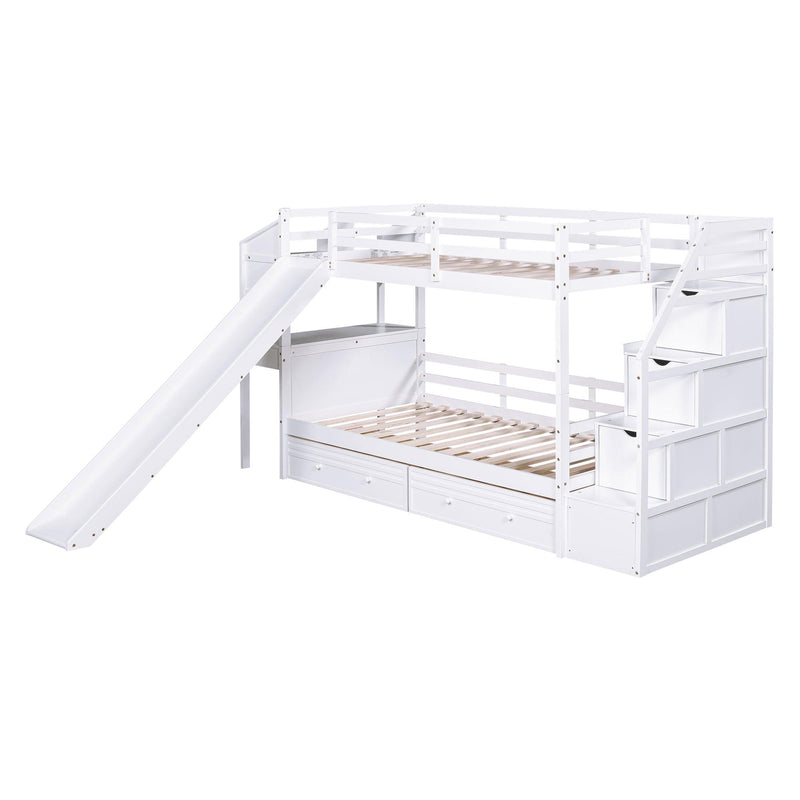 Twin over Twin Bunk Bed withStorage Staircase, Slide, Drawers and Desk with Drawers and Shelves - White - Urban Living Furniture (Los Angeles, CA)