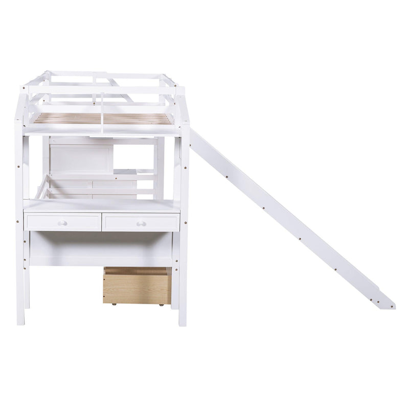 Twin over Twin Bunk Bed withStorage Staircase, Slide, Drawers and Desk with Drawers and Shelves - White