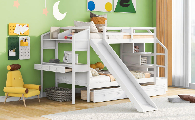 Twin over Twin Bunk Bed withStorage Staircase, Slide, Drawers and Desk with Drawers and Shelves - White