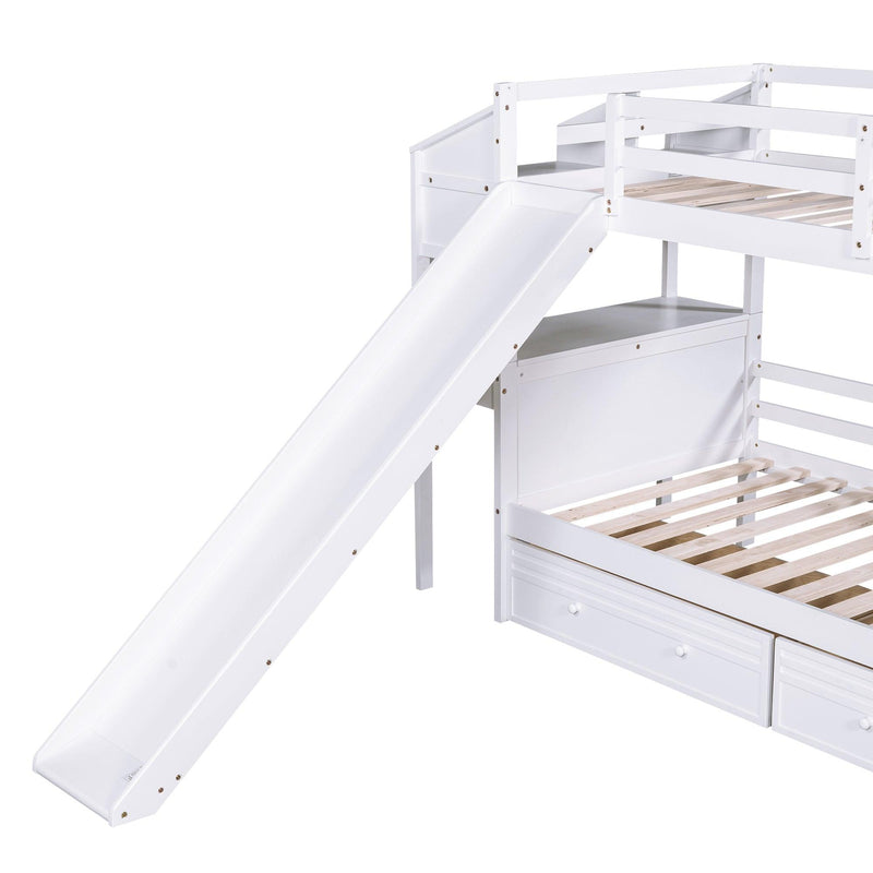 Twin over Twin Bunk Bed withStorage Staircase, Slide, Drawers and Desk with Drawers and Shelves - White - Urban Living Furniture (Los Angeles, CA)