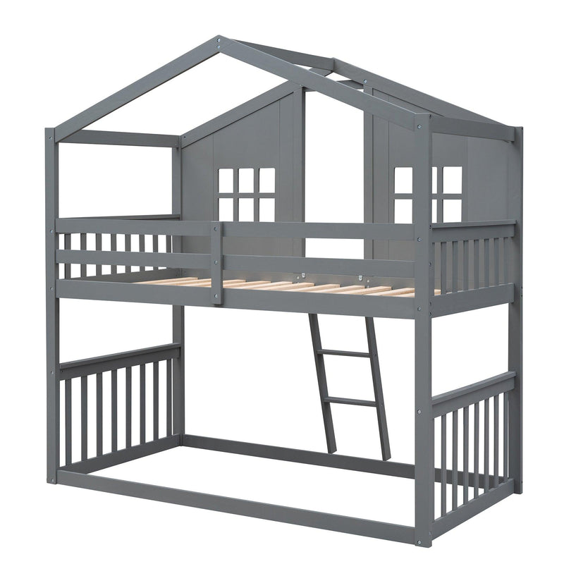 Twin Over Twin House Shaped Bunk Bed With Ladder - Gray