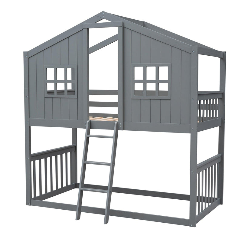 Twin Over Twin House Shaped Bunk Bed With Ladder - Gray