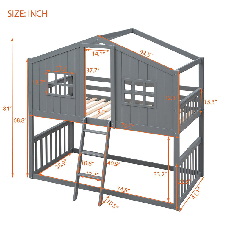 Twin Over Twin House Shaped Bunk Bed With Ladder - Gray - Urban Living Furniture (Los Angeles, CA)