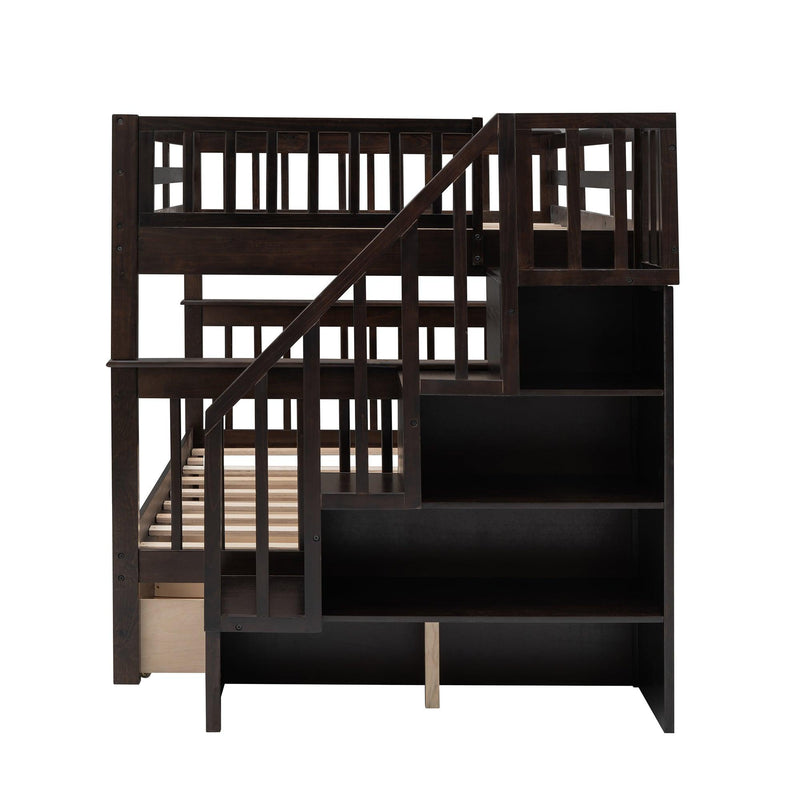 Full over Full Bunk Bed with Drawer,Storage Staircase and Guard Rail - Espresso - Urban Living Furniture (Los Angeles, CA)