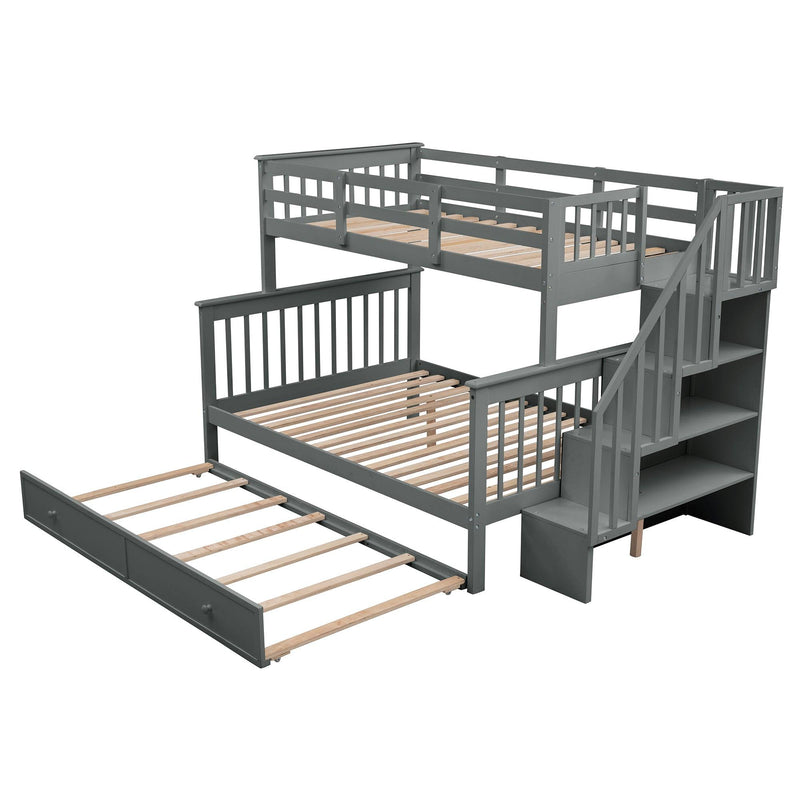 Twin over Full Bunk Bed with Twin size Trundle,Storage Staircase and Guard Rail - Gray