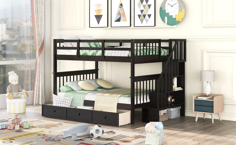 Full over Full Bunk Bed with Drawer,Storage Staircase and Guard Rail - Espresso - Urban Living Furniture (Los Angeles, CA)