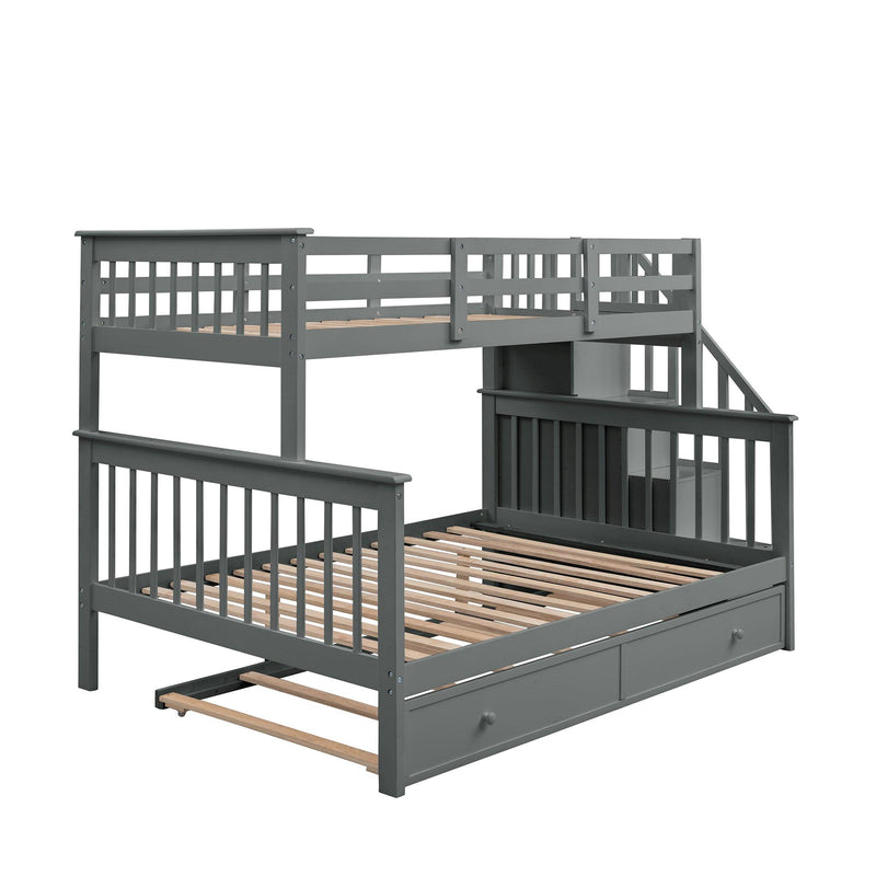 Twin over Full Bunk Bed with Twin size Trundle,Storage Staircase and Guard Rail - Gray - Urban Living Furniture (Los Angeles, CA)