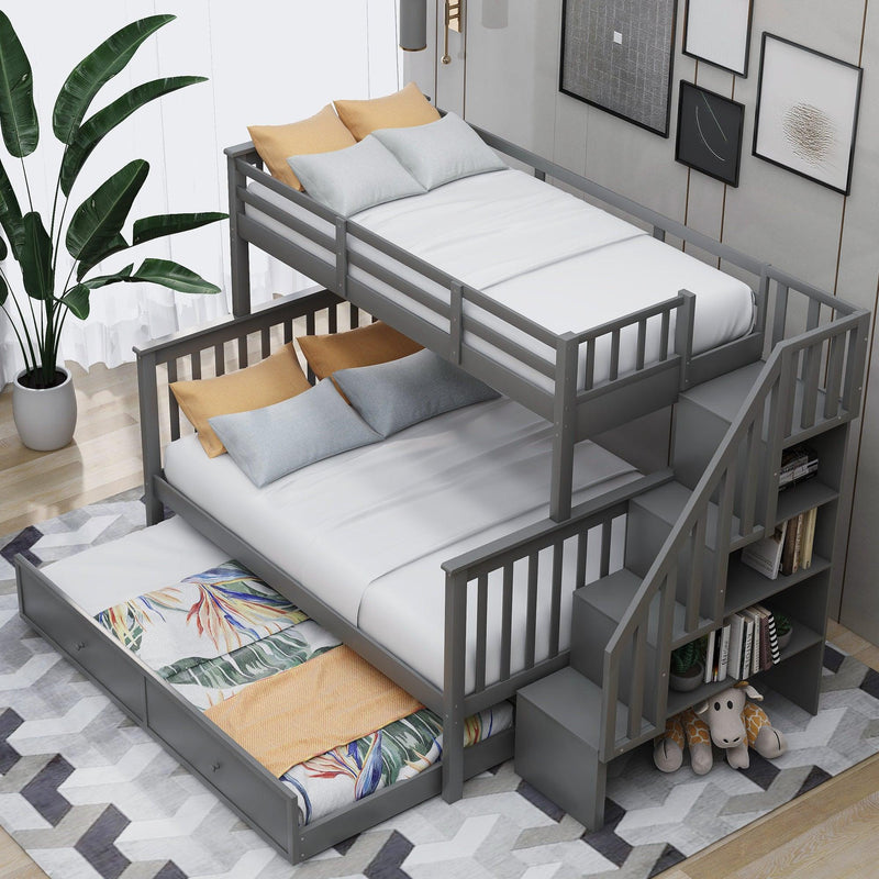 Twin over Full Bunk Bed with Twin size Trundle,Storage Staircase and Guard Rail - Gray - Urban Living Furniture (Los Angeles, CA)