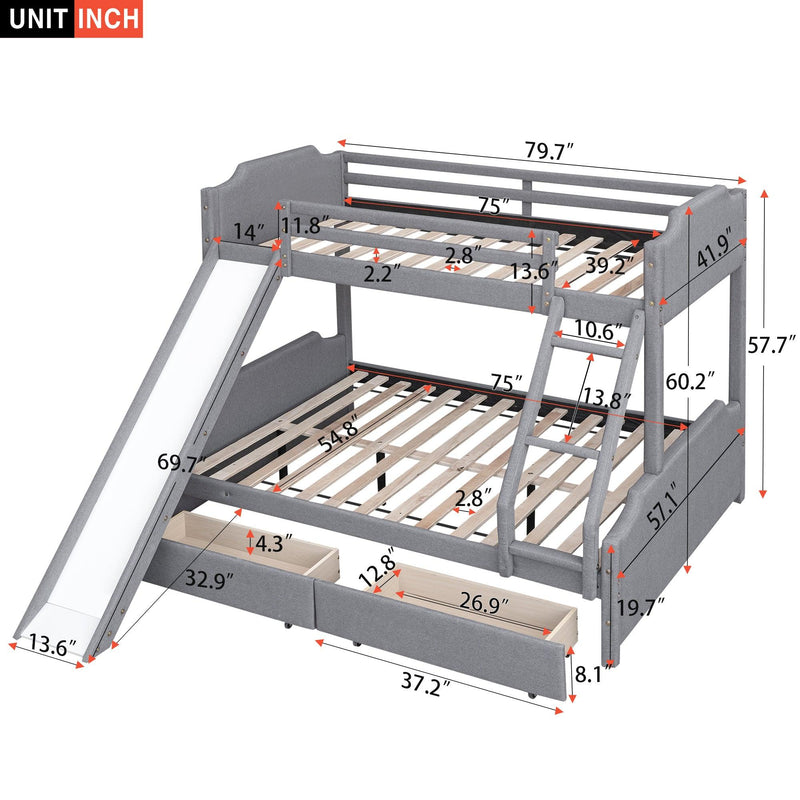 Twin over Full Bunk Bed with Two Drawers, Slide, Headboard and Footboard - Grey