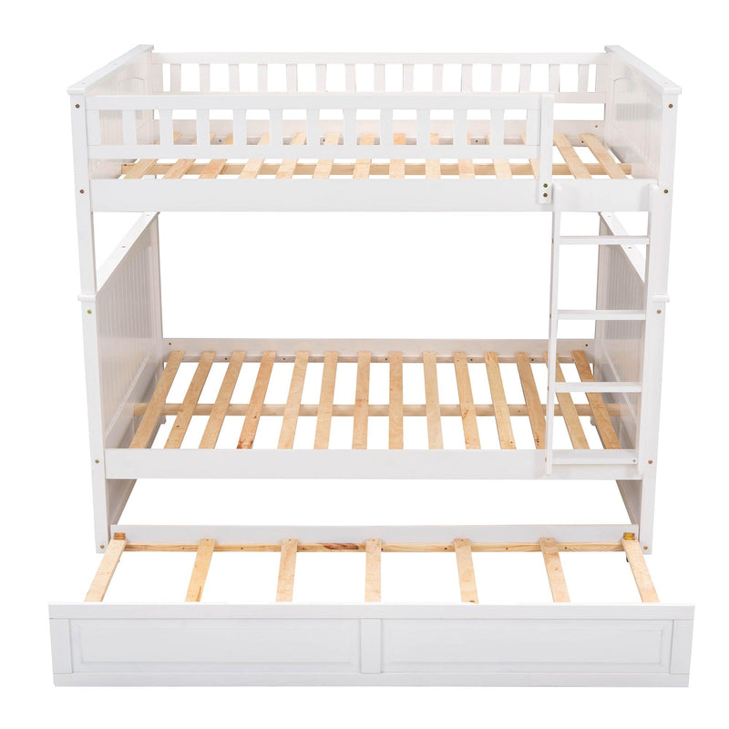 Full over Full Bunk Bed with Twin Size Trundle and Guardrails - White