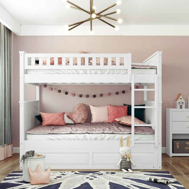 Full over Full Bunk Bed with Twin Size Trundle and Guardrails - White - Urban Living Furniture (Los Angeles, CA)