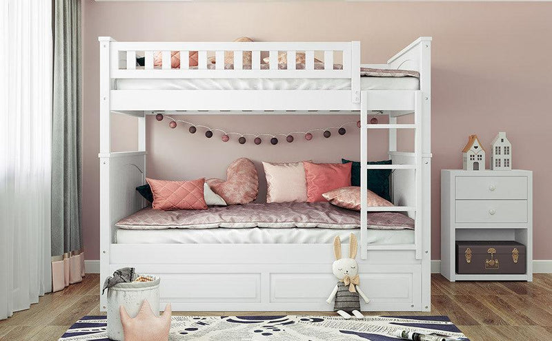 Full over Full Bunk Bed with Twin Size Trundle and Guardrails - White - Urban Living Furniture (Los Angeles, CA)