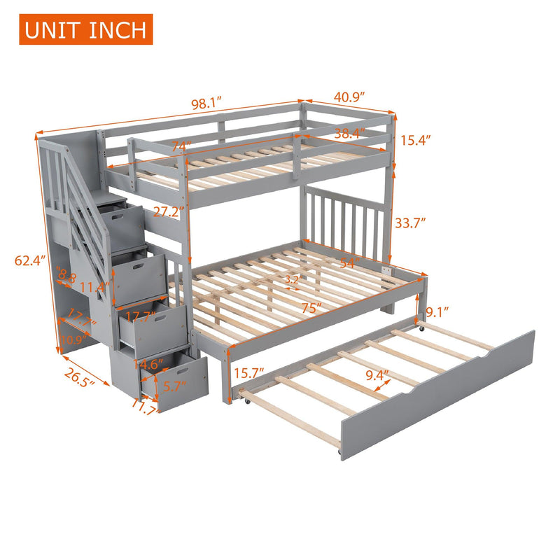Twin over Twin or Twin over Full Convertible Bunk Bed withStorage Drawers and Twin Size Trundle Bed - Gray