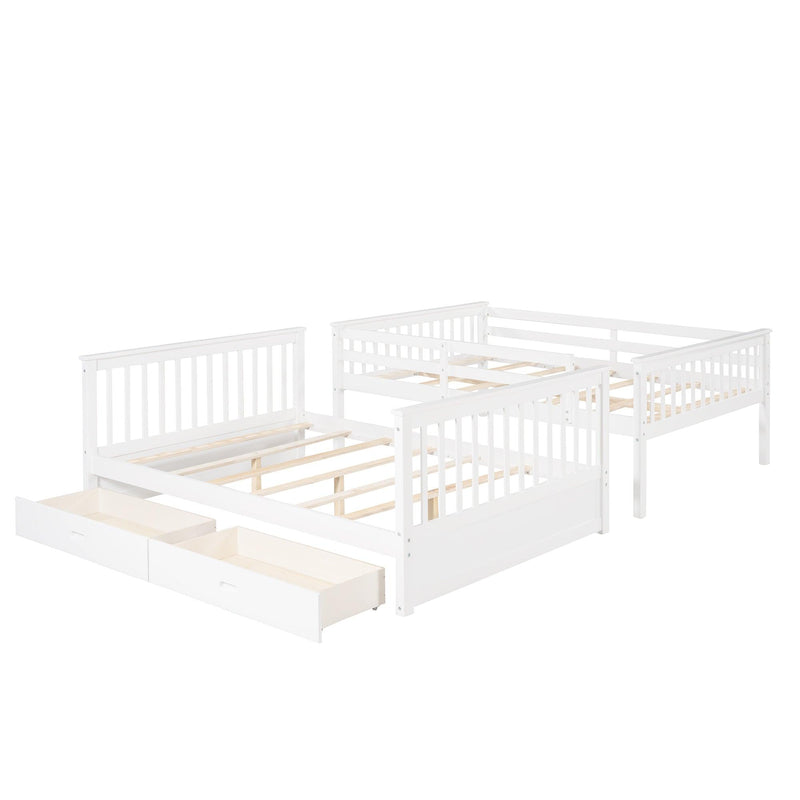 Full over Full Bunk Bed with Ladders and TwoStorage Drawers - White