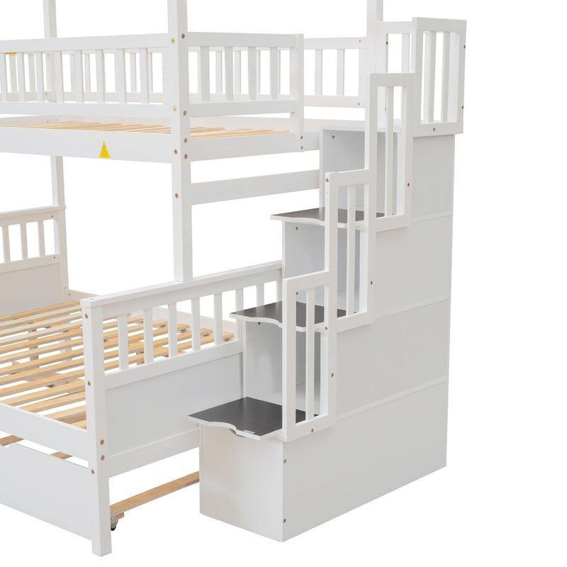 Twin over Full House Shaped Bunk Bed withStorage Staircase, Guardrail and Twin Size Trundle - White