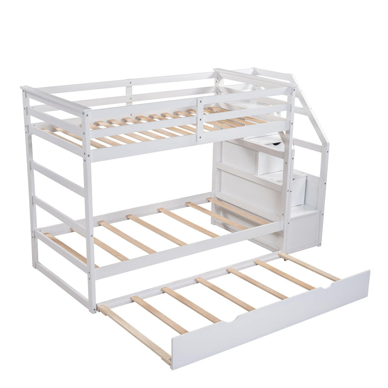 Twin over Twin Bunk Bed withStorage Staircase and Twin Size Trundle Bed - White - Urban Living Furniture (Los Angeles, CA)