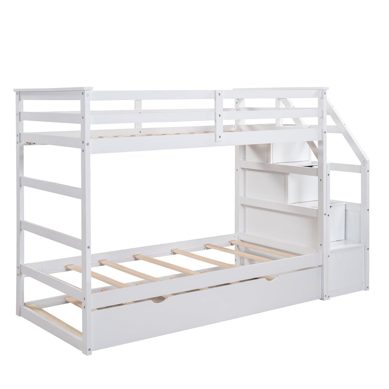 Twin over Twin Bunk Bed withStorage Staircase and Twin Size Trundle Bed - White - Urban Living Furniture (Los Angeles, CA)