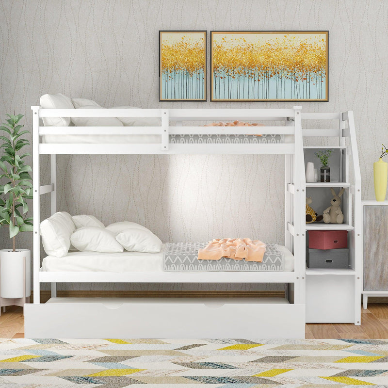 Twin over Twin Bunk Bed withStorage Staircase and Twin Size Trundle Bed - White - Urban Living Furniture (Los Angeles, CA)