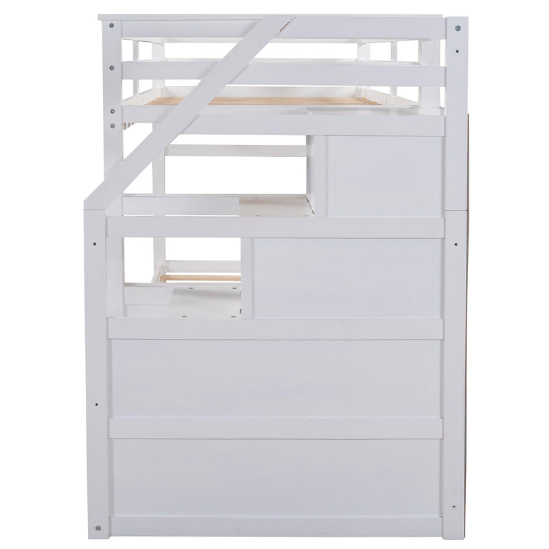 Twin over Twin Bunk Bed withStorage Staircase and Twin Size Trundle Bed - White