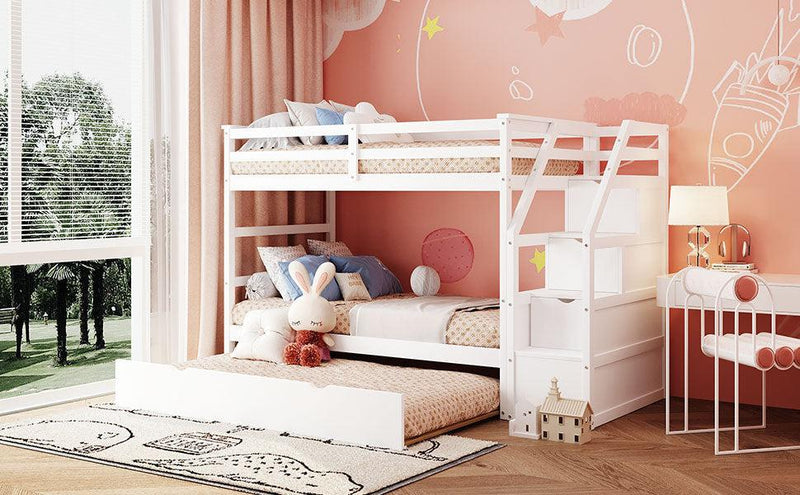 Twin over Twin Bunk Bed withStorage Staircase and Twin Size Trundle Bed - White - Urban Living Furniture (Los Angeles, CA)