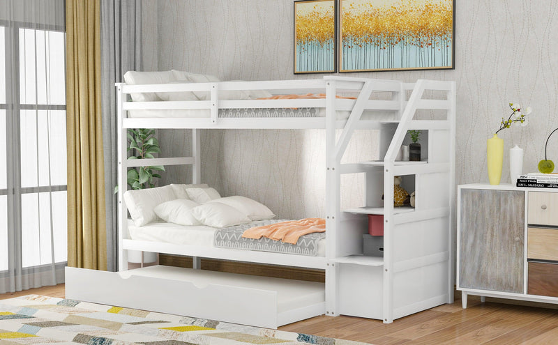 Twin over Twin Bunk Bed withStorage Staircase and Twin Size Trundle Bed - White