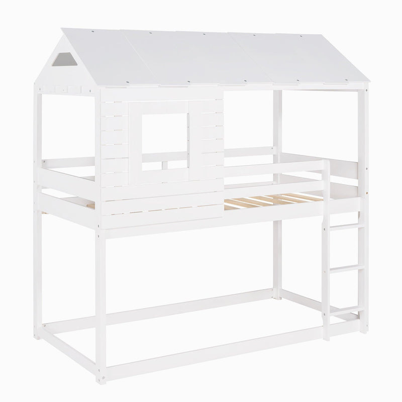 Twin Over Twin House Shaped Bunk Bed with Guardrail and Ladder - White - Urban Living Furniture (Los Angeles, CA)