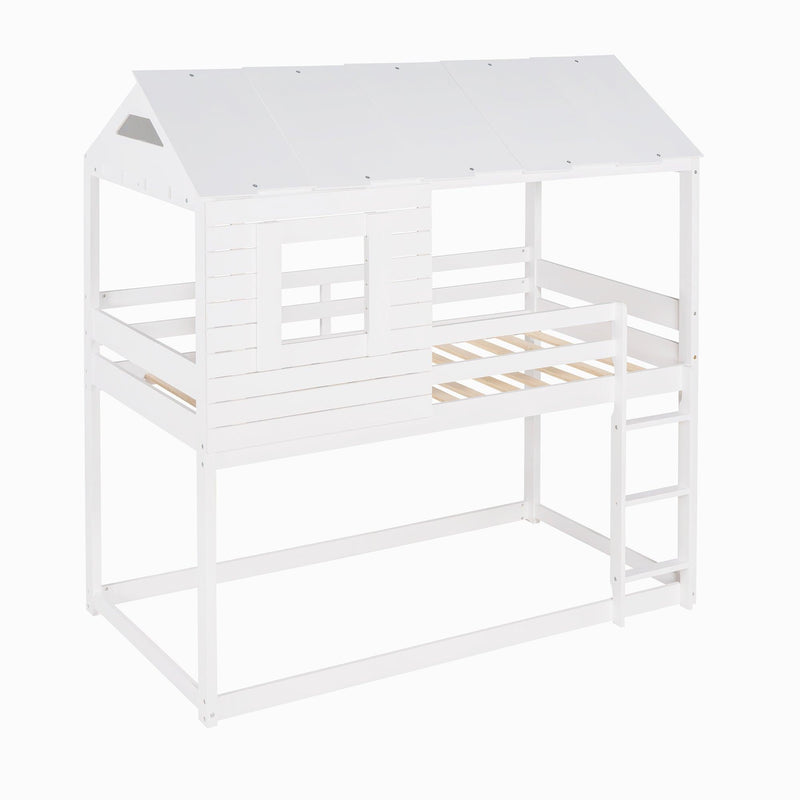 Twin Over Twin House Shaped Bunk Bed with Guardrail and Ladder - White - Urban Living Furniture (Los Angeles, CA)