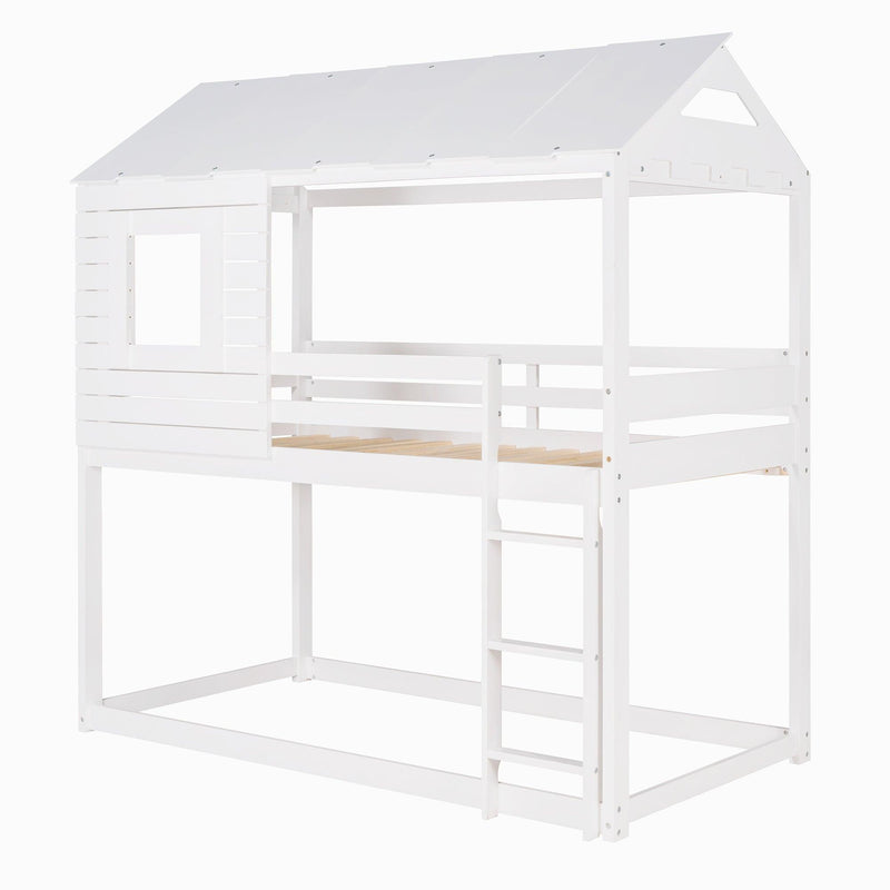 Twin Over Twin House Shaped Bunk Bed with Guardrail and Ladder - White - Urban Living Furniture (Los Angeles, CA)