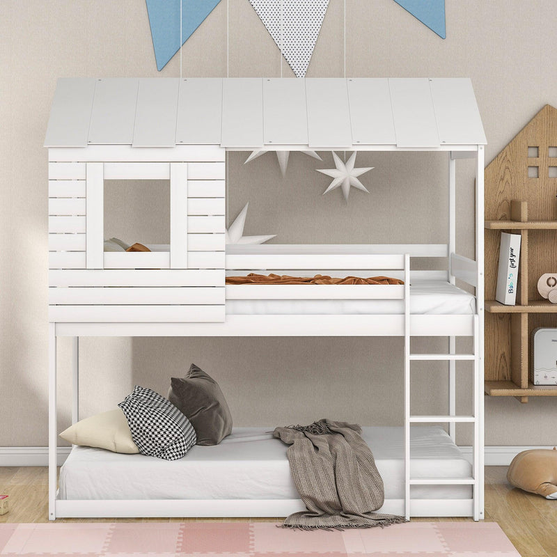 Twin Over Twin House Shaped Bunk Bed with Guardrail and Ladder - White - Urban Living Furniture (Los Angeles, CA)